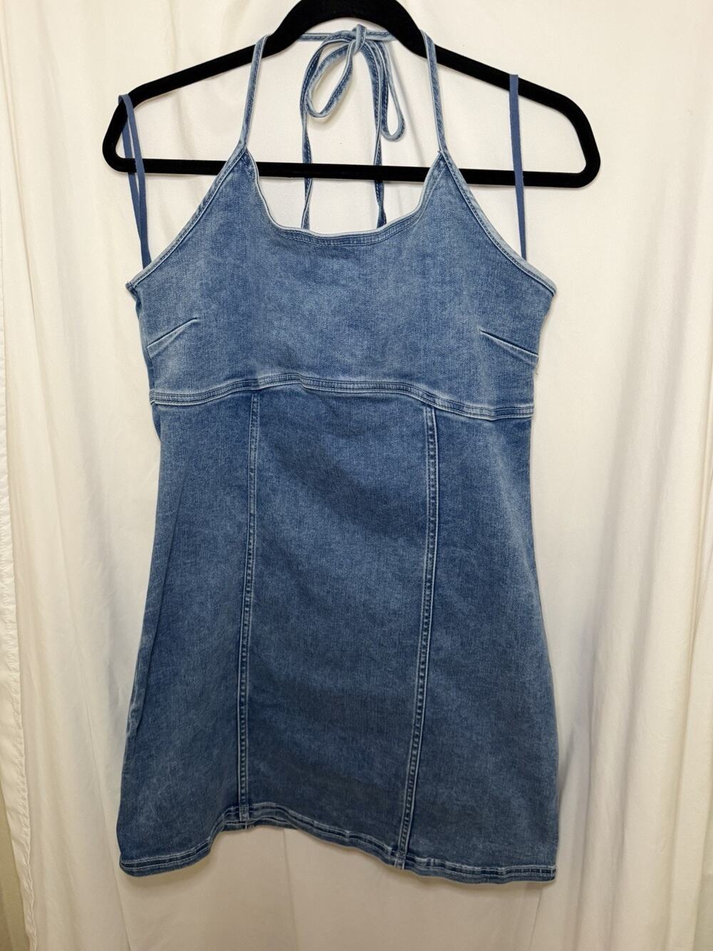 Aerie Women's Junior’s Medium Wash Denim Halter Mini Dress Medium Stretch Sz XL